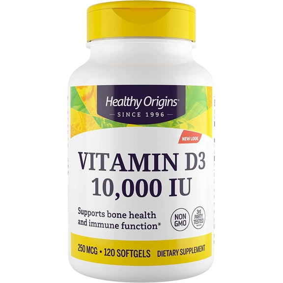 Healthy Origins Vitamin D3 10,000 IU (Non-GMO, High Potency, Bone Support, Immune Support, Gluten Free), 120 Softgels