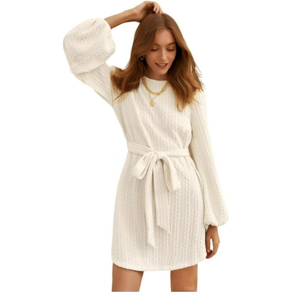 Women's Winter Sweater Dress Long Sleeve Cable Knit Belted Dress Loose Mini Tunic Pullover Sweater Dress