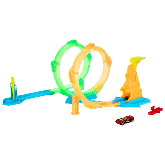Hot Wheels Neon Speeders Double Loop Dash Track Set with 1:64 Scale Toy Car X-Raycers Vehicle