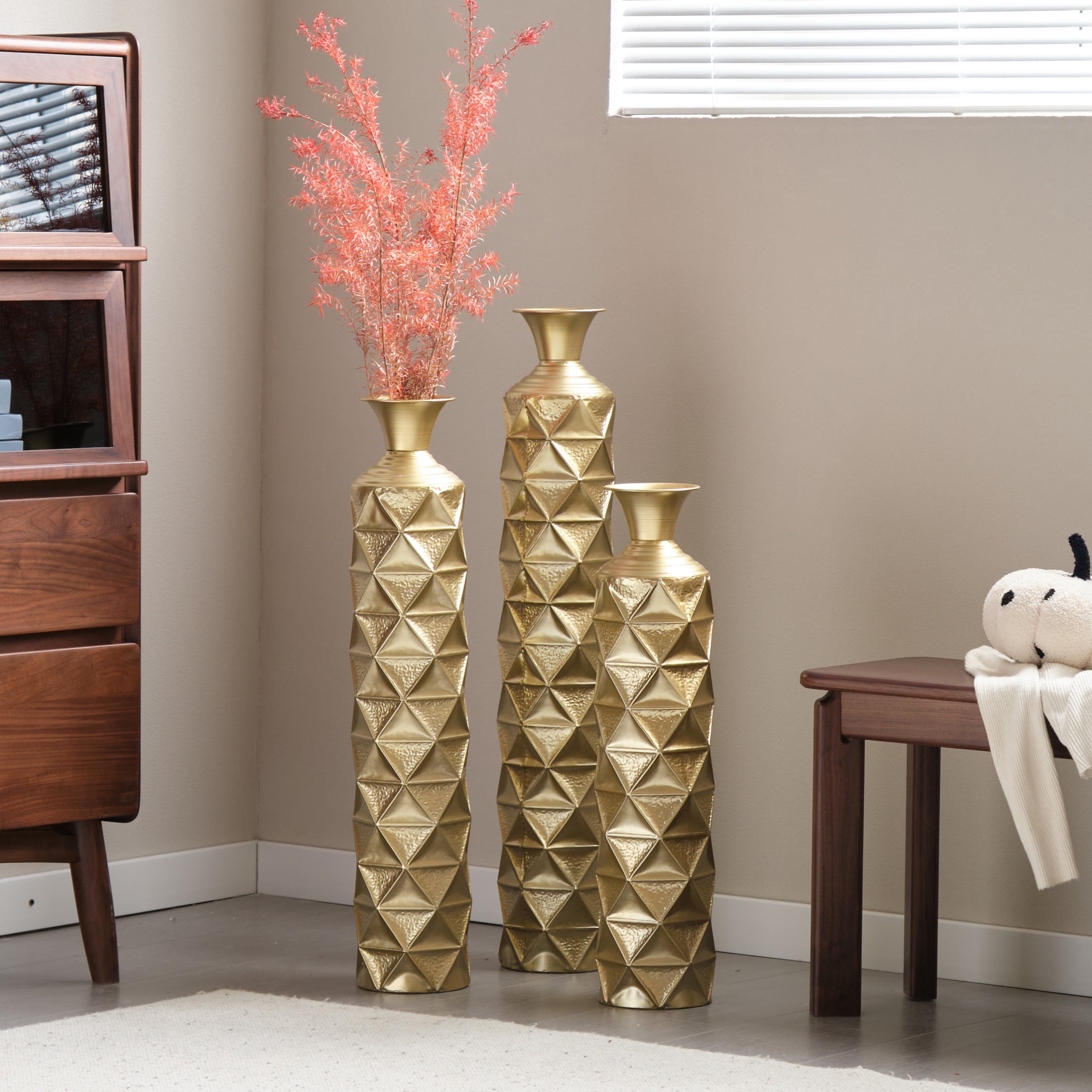 Noble House 3-Piece Metal Floor Vase Set, 33.5", 29.5", 25.2" Diamond Pattern Vases, Antique Gold