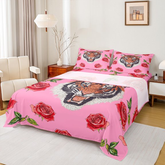 Feelyou Jungle Wildlife Tiger Full Size Sheets for Kids, Rose Flower Floral Bed Sheets, Pink Cartoon Animal Theme Sheet Sets, Super Cozy Room Decor, 4pcs