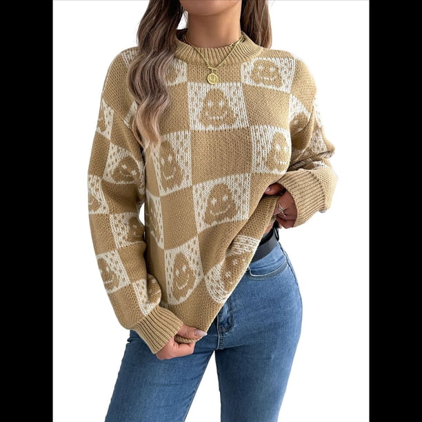 Suéter de Larga con Cuello Redondo para Mujer, Suéter Holgado de Punto, Tendencia de Otoño e Invierno, Tops Casuales de Moda. Caqui L