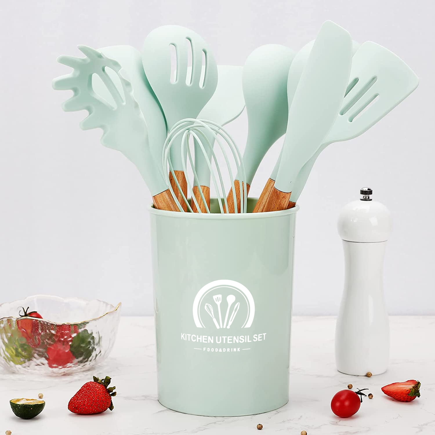 Silicone Cooking Utensils Set - 446°F Heat Resistant Silicone Kitchen  Utensils for Cooking,Kitchen Utensil Spatula Set w Wooden Handles and Holder,  BPA FREE Gad…