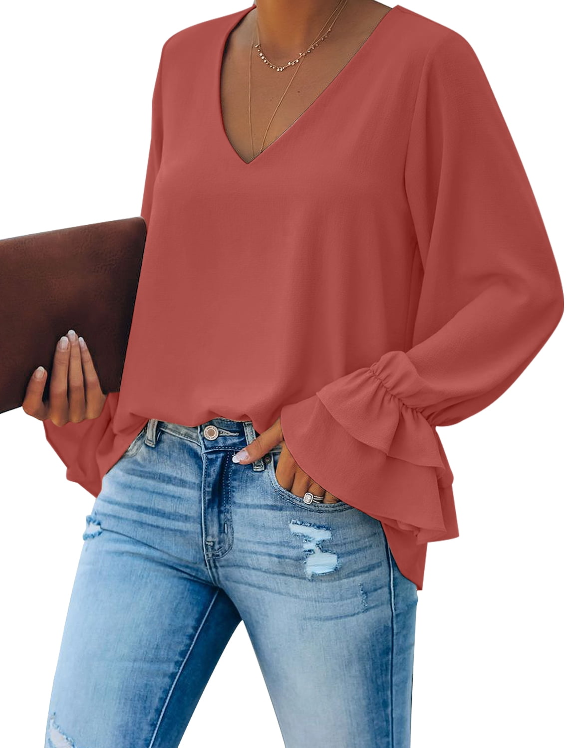Vetinee Women's Ruffled Long Bell Sleeve Tops V Neck Casual Loose