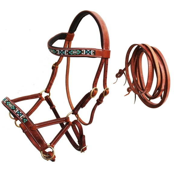 Horse Western Leather Training Tack Bitless Sidepull Beaded Bridle Reins 77RS13TN