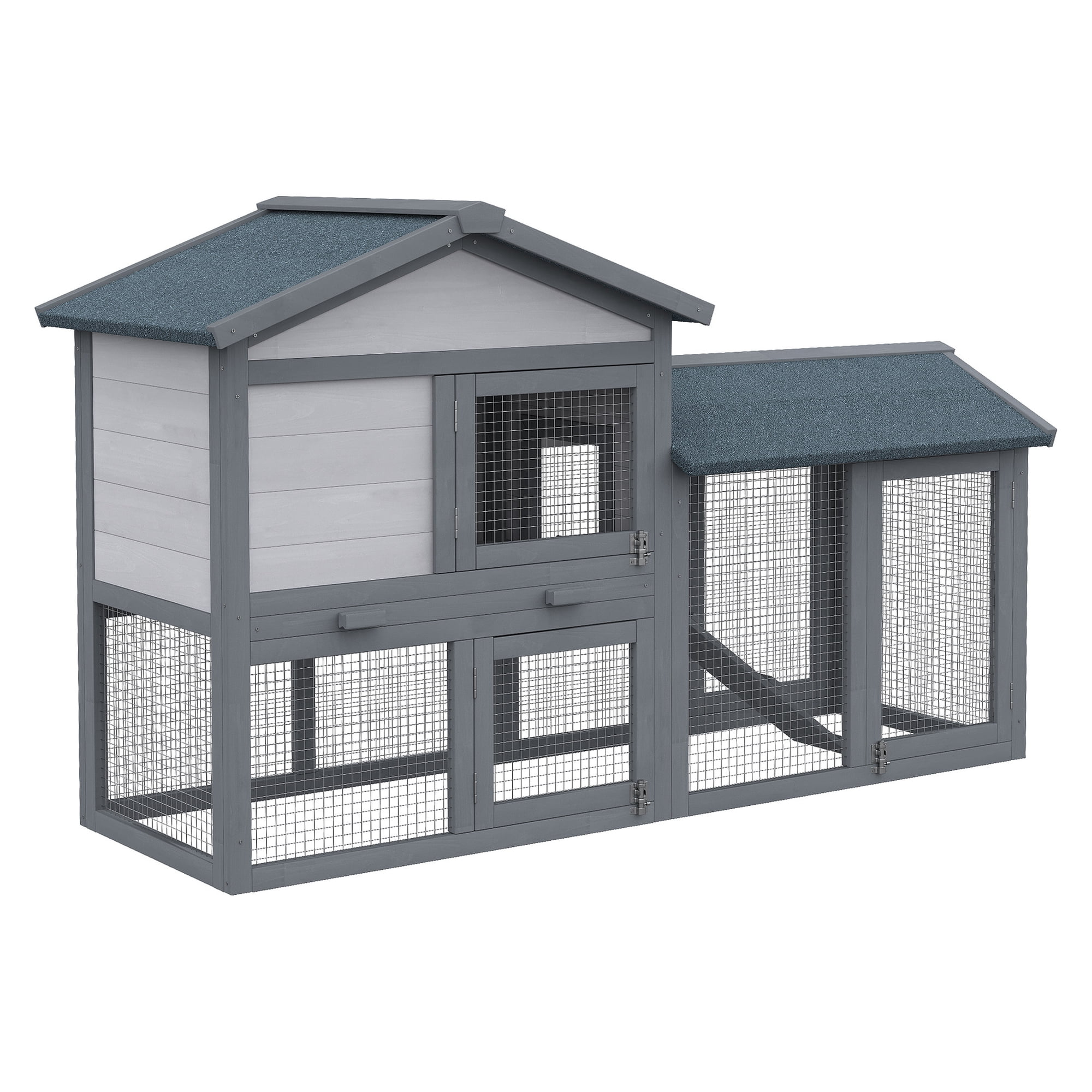58" Rabbit Hutch Outdoor Indoor, Wooden Bunny Cage for 1-2 Rabbits, Guinea Pigs, Chickens, Removable Tray & Asphalt Roof, Lockable Doors, Dark Gray