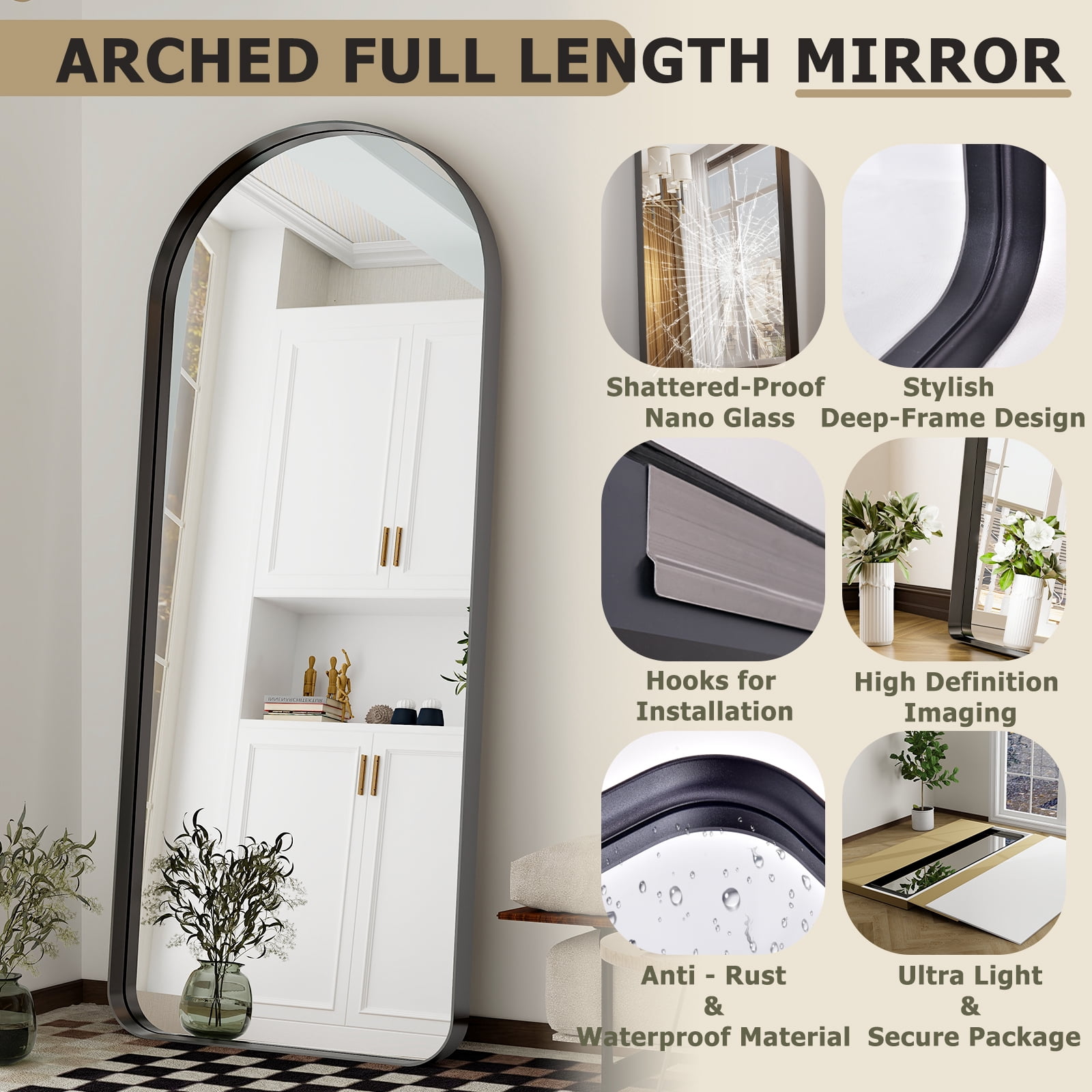 Gleamira 30"x71" Arched Floor Mirror Rounded Corner Full Length Mirror with Deep Frame, Black