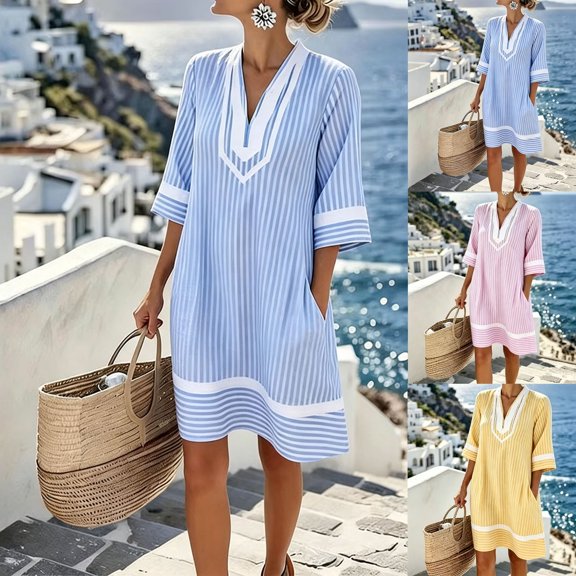 YuXingFu Womens Cotton Dresses with Sleeves Mid-Length V-Neck Plus Size Womens Dress 3/4 Sleeve for Beach Casual Summer Light Blue S