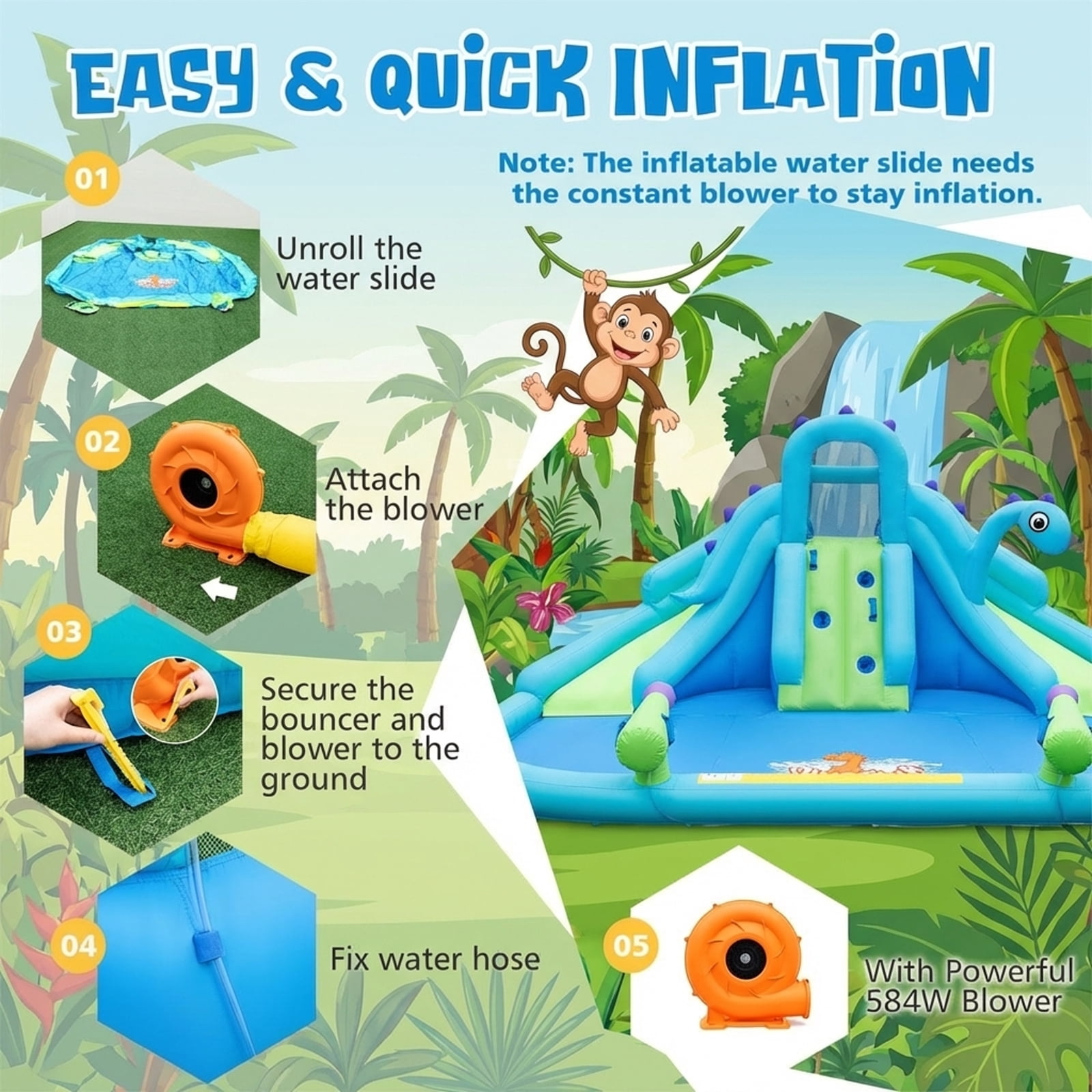 Redsmile Inflatable Water Slide with Dual Slides and Large Splash Pool and Carry Bag (with 584W Blower) - Multicolor