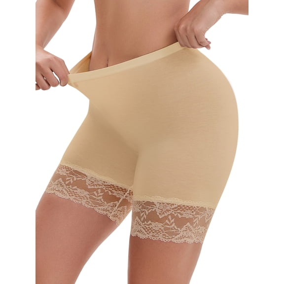 DARING DIVA Women's Wide Lace Trim Shorts Mid Thigh Slimme Underwear L Beige