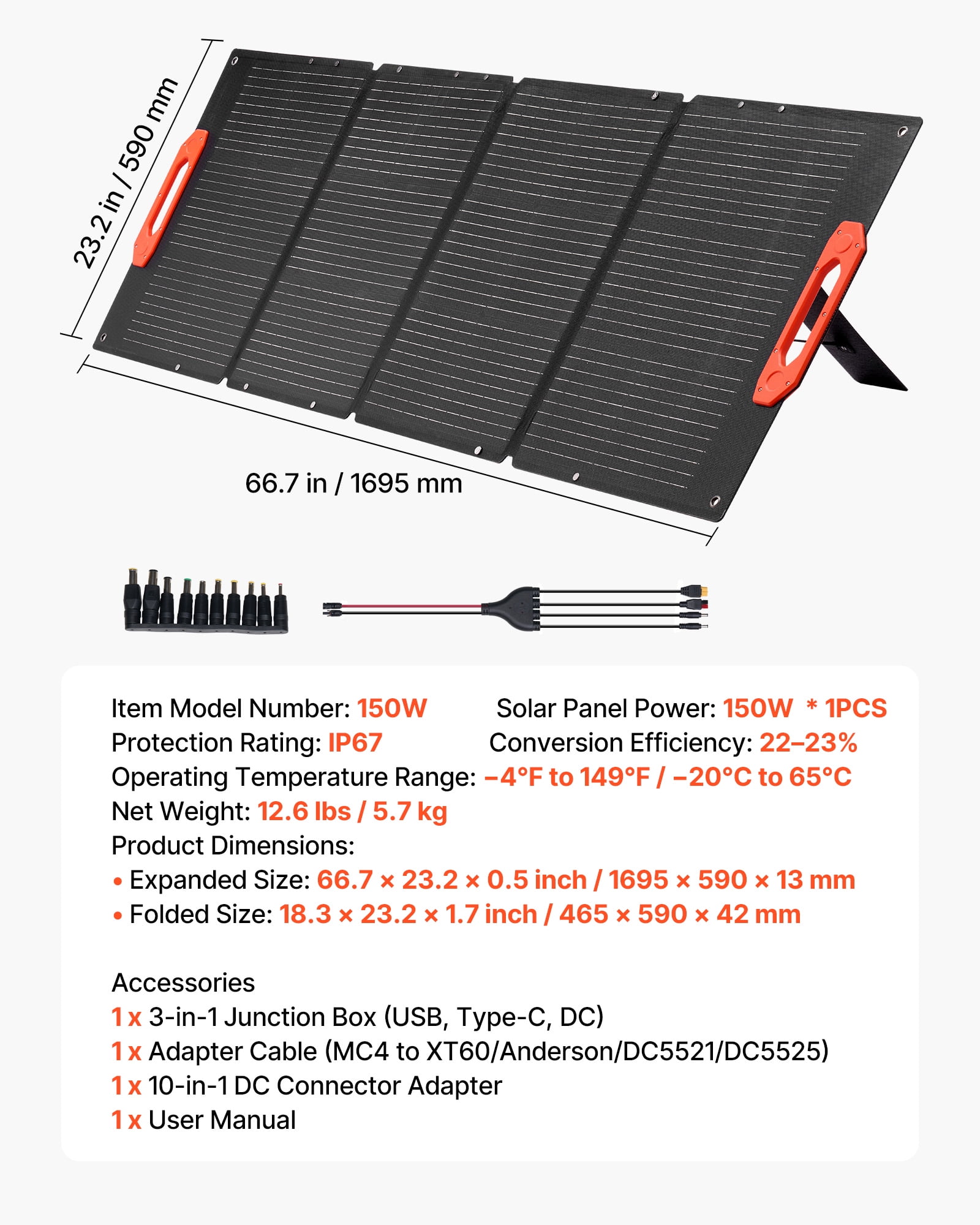 VEVOR 150W Foldable Monocrystalline Solar Panel, 23% Efficiency Portable ETFE Mono Solar Panel Charger with MC4 Output, Type-C, QC3.0 USB & DC Ports, IP67 Waterproof for Power Stations Camping Hiking