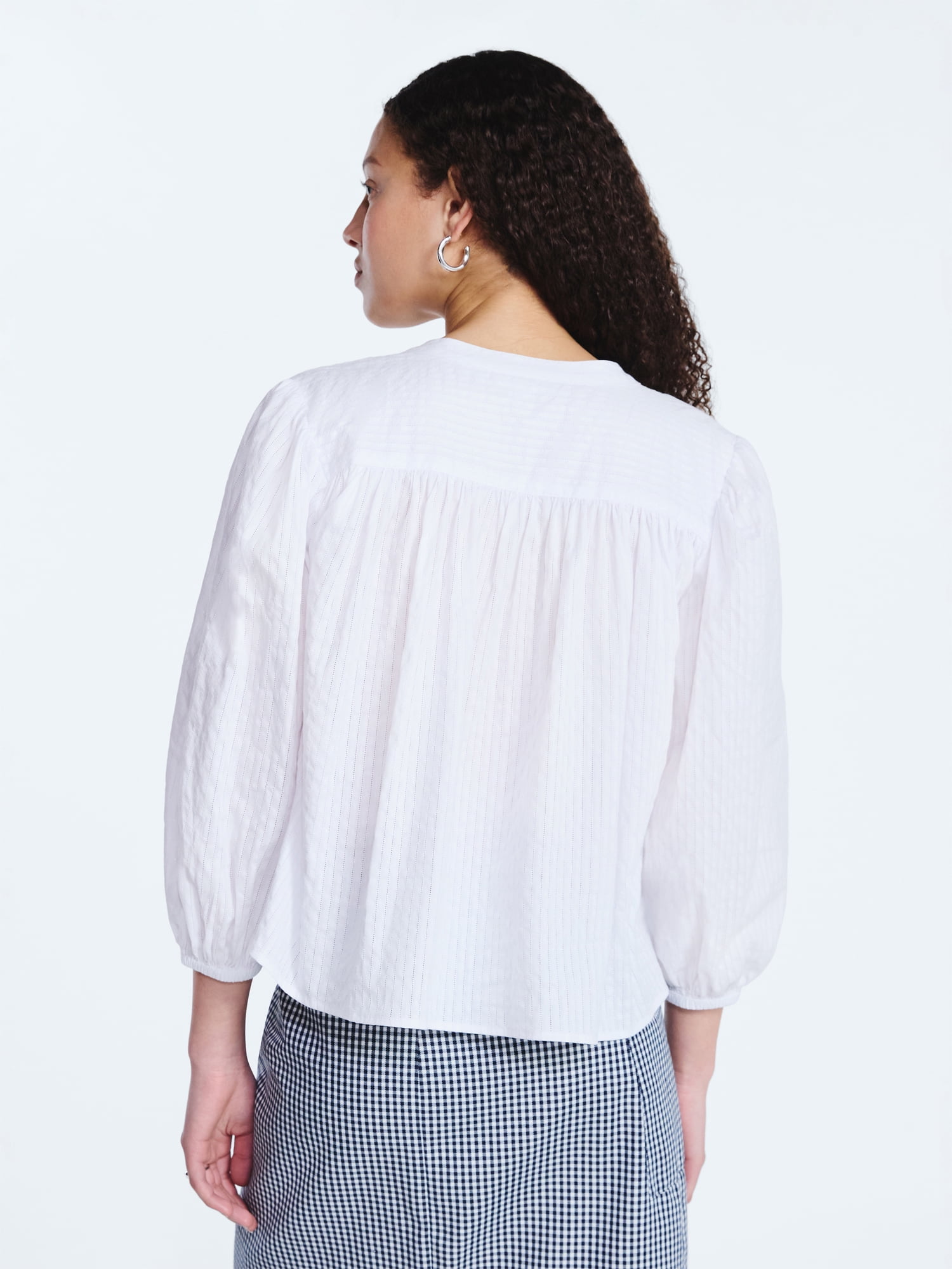 Free Assembly Women's Shirred Cotton Button Down Blouse with Long Sleeves, Sizes XS-XXL