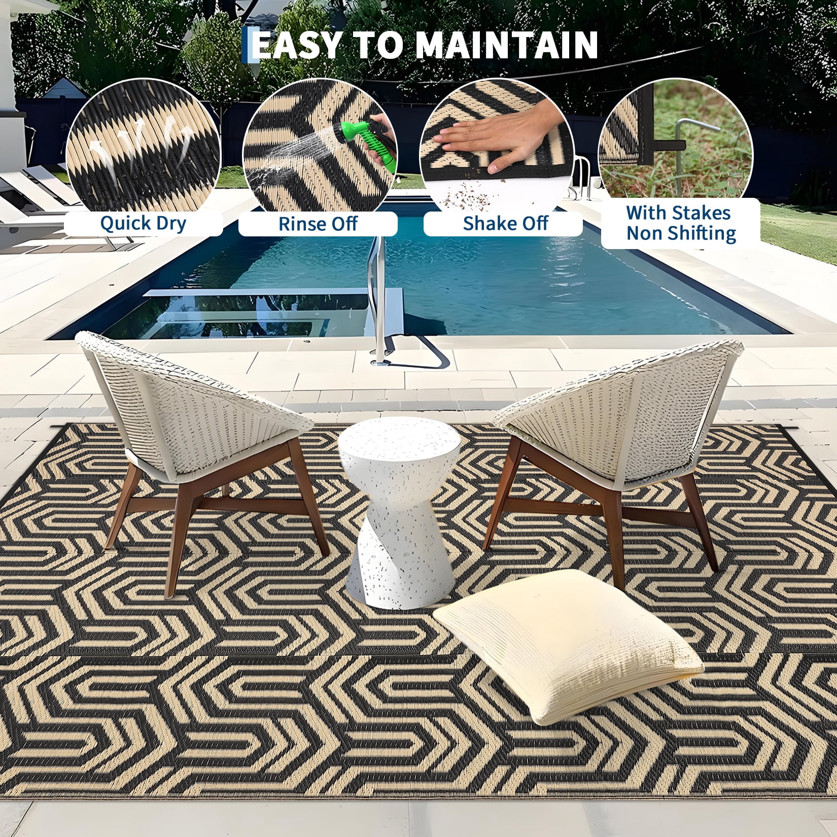 HIWEAVER 9' x 18' Black/Brown Outdoor Rug PP Plastic Straw Woven Waterproof Patio Rug with Border Portable Outside Carpet for Balcony Deck Picnic Garden Decor