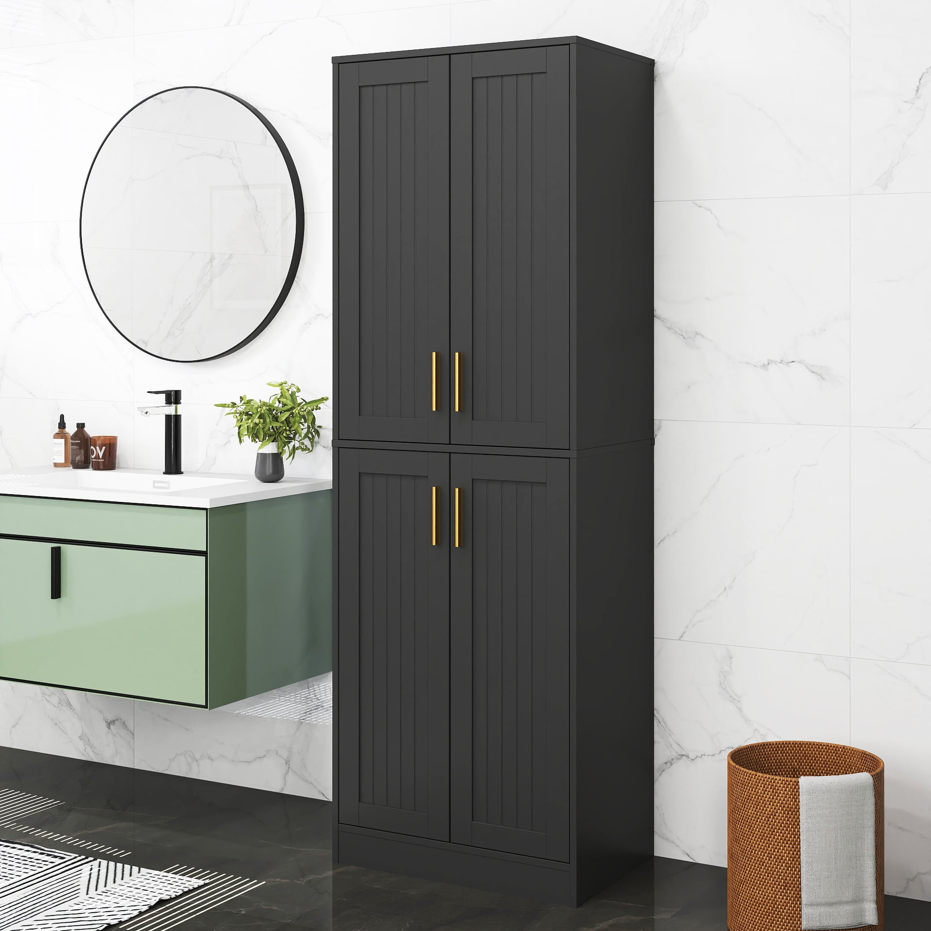 67.7” Tall Modern Storage Cabinet with 2 Adjustable Shelves, Bathroom Cabinet with 4 Doors, Kitchen Cabinets, Cupboard for Kitchen, Living Room