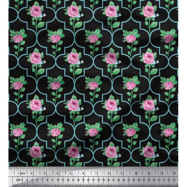 Soimoi Tissu en Coton Cambric Design Quatrefoil, Feuilles & Roses Imprimé Floral 1 Yard 56 Pouces de Large