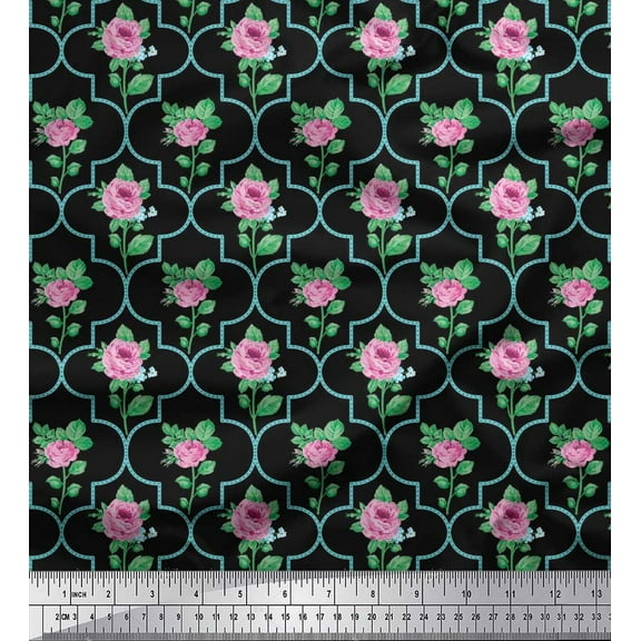 Soimoi Cotton Duck Fabric Quatrefoil Design,Leaves & Rose Floral Printed Craft Fabric by the Yard 42 Inch Wide