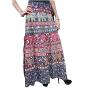 Mogul Women's Wrap Around Skirt Blue Printed Sarong Dress