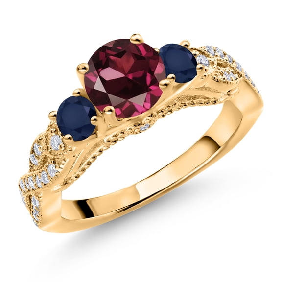 Gem Stone King 18K Yellow Gold Plated Silver Red Rhodolite Garnet Blue Sapphire and White Moissanite Engagement Ring for Women (1.57 Cttw, Gemstone January Birthstone, Round 6MM and 3MM, Size 9)