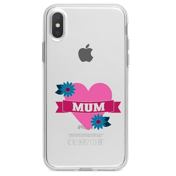 DistinctInk Clear Shockproof Hybrid Case for iPhone XS Max (6.5" Screen) - TPU Bumper Acrylic Back Tempered Glass Screen Protector - Love Mum - Flower Heart Banner