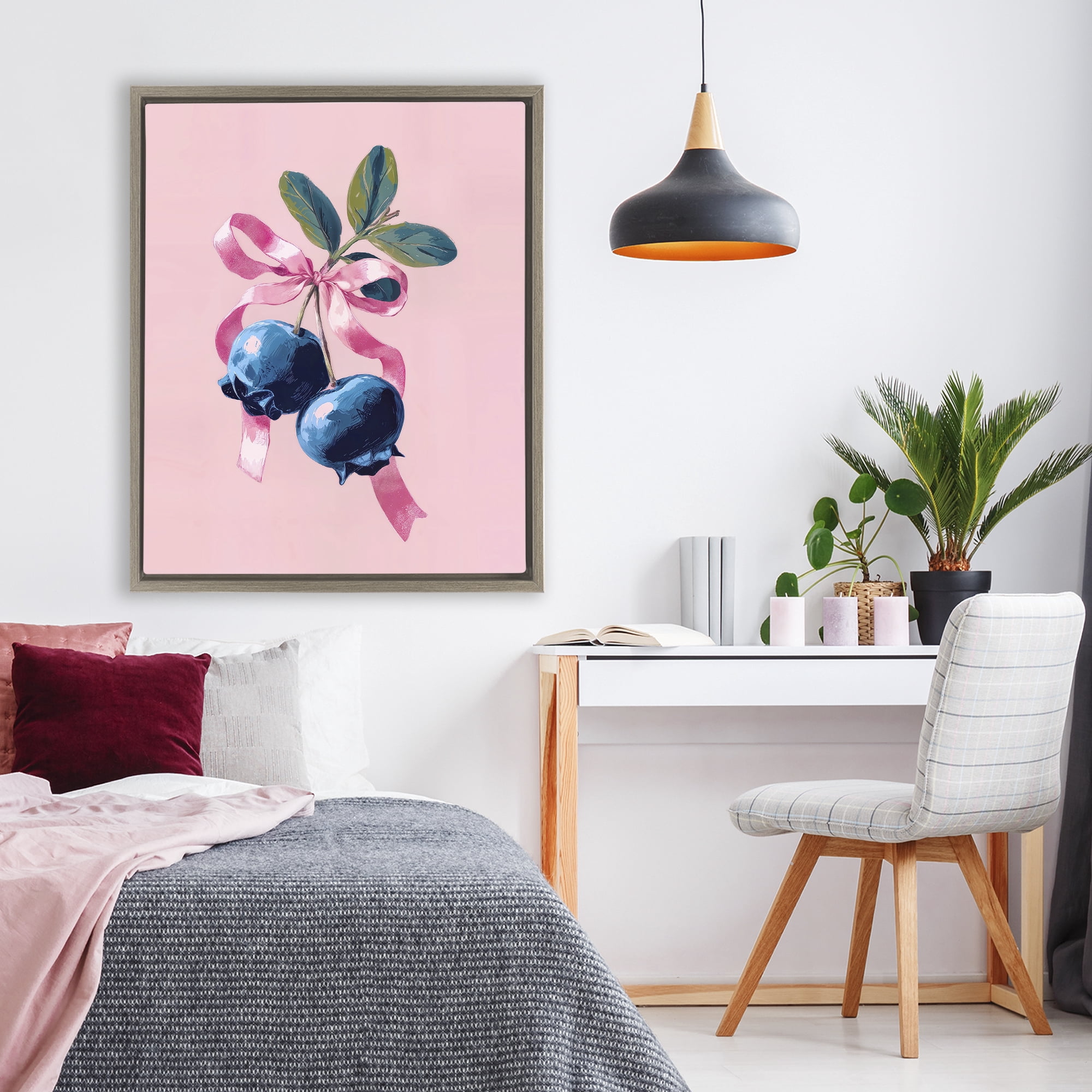 Stupell Industries Blueberry Branch with Pink Bow Brown Framed Floater Canvas Wall Art, design by Imagine It Images