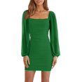 thumbnail image 1 of HAHDAXIA Robe Courte Moulante pour Femme en Maille à Manches Longues, Encolure Carrée, Froncée, pour Fête, Boîte de Nuit, Cocktail, 1 of 6