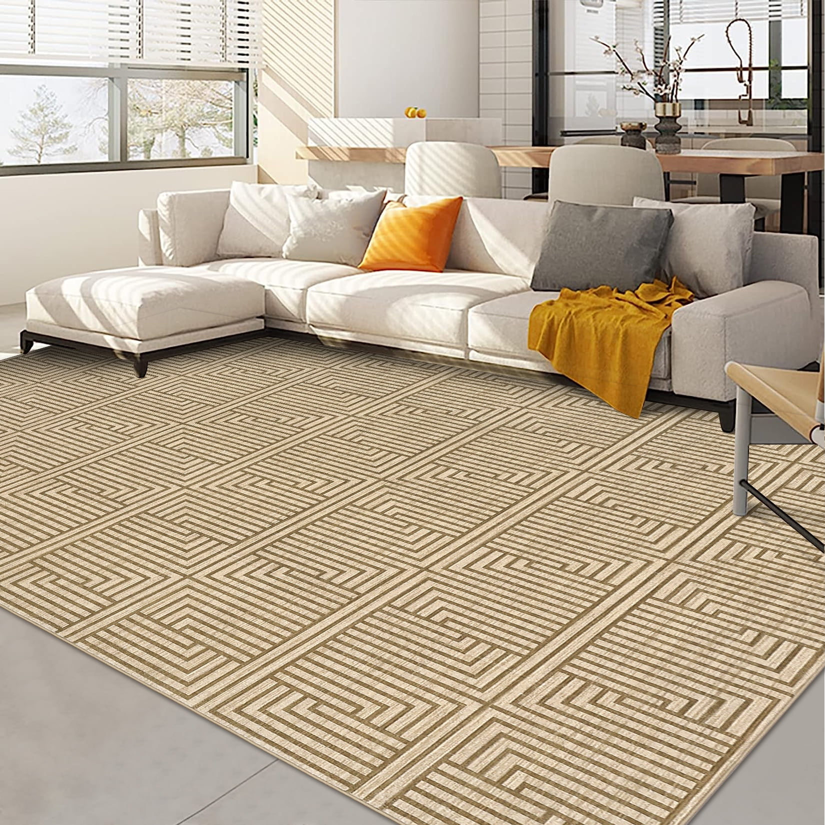 Outdoor Rug, 10x13ft Bordered Light Brown Modern Area Rugs for Indoor and Outdoor Patios, Porches Waterproof Washable Porch Deck Outside Carpet