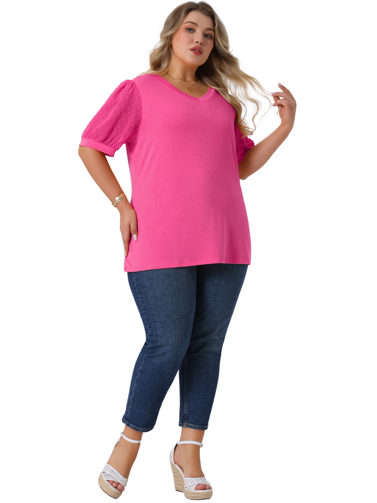 Women's Plus Tops V Neck Swiss Dots Puff Sleeve Casual Blouse Shirt 3X Hot Pink