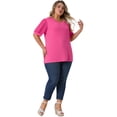 thumbnail image 3 of Women's Plus Tops V Neck Swiss Dots Puff Sleeve Casual Blouse Shirt 3X Hot Pink, 3 of 6
