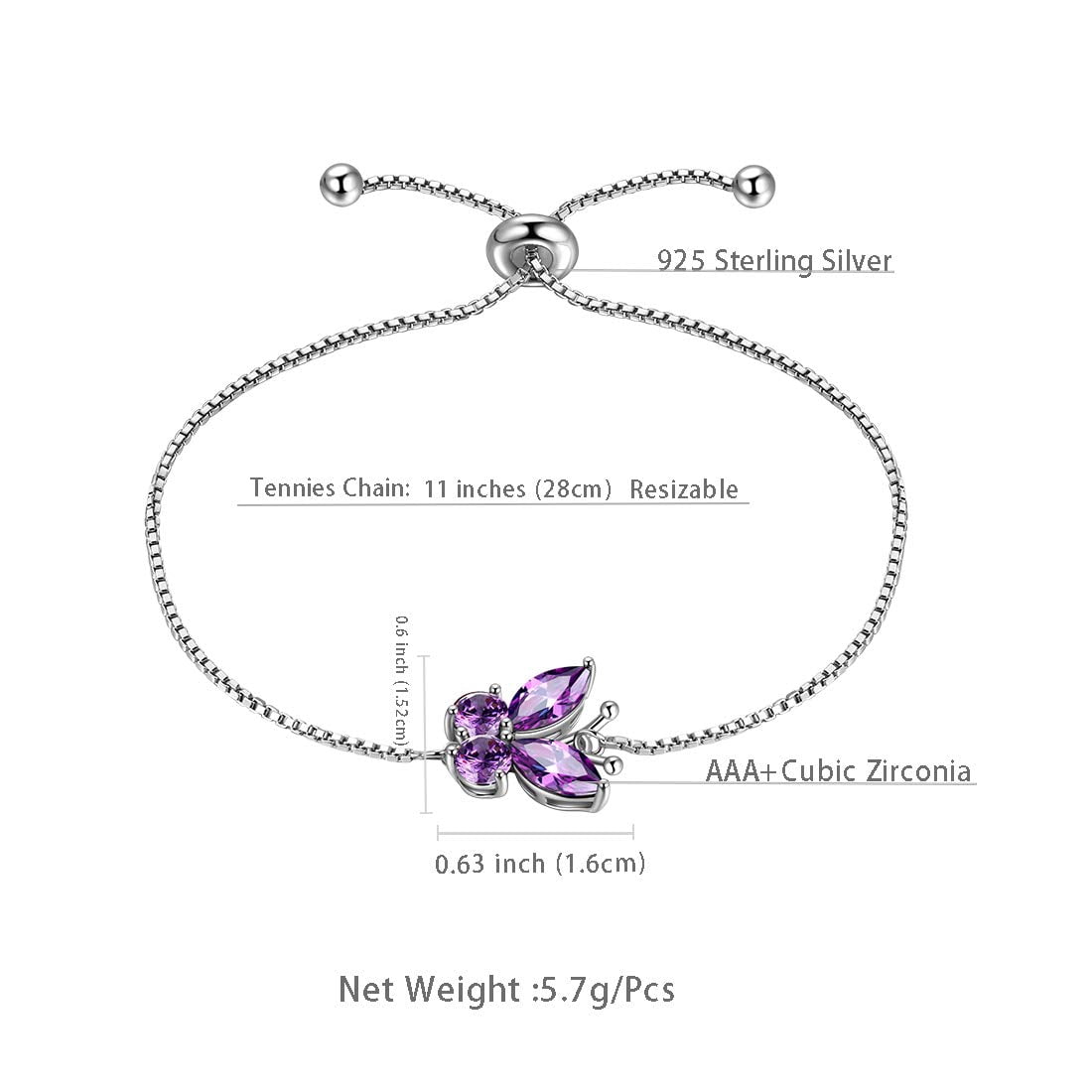 February Birthstone Bracelets Purple Butterfly Bracelet Amethyst CZ 925 Sterling Silver Birthday Jewelry Women Xmas Mother's Day Gifts