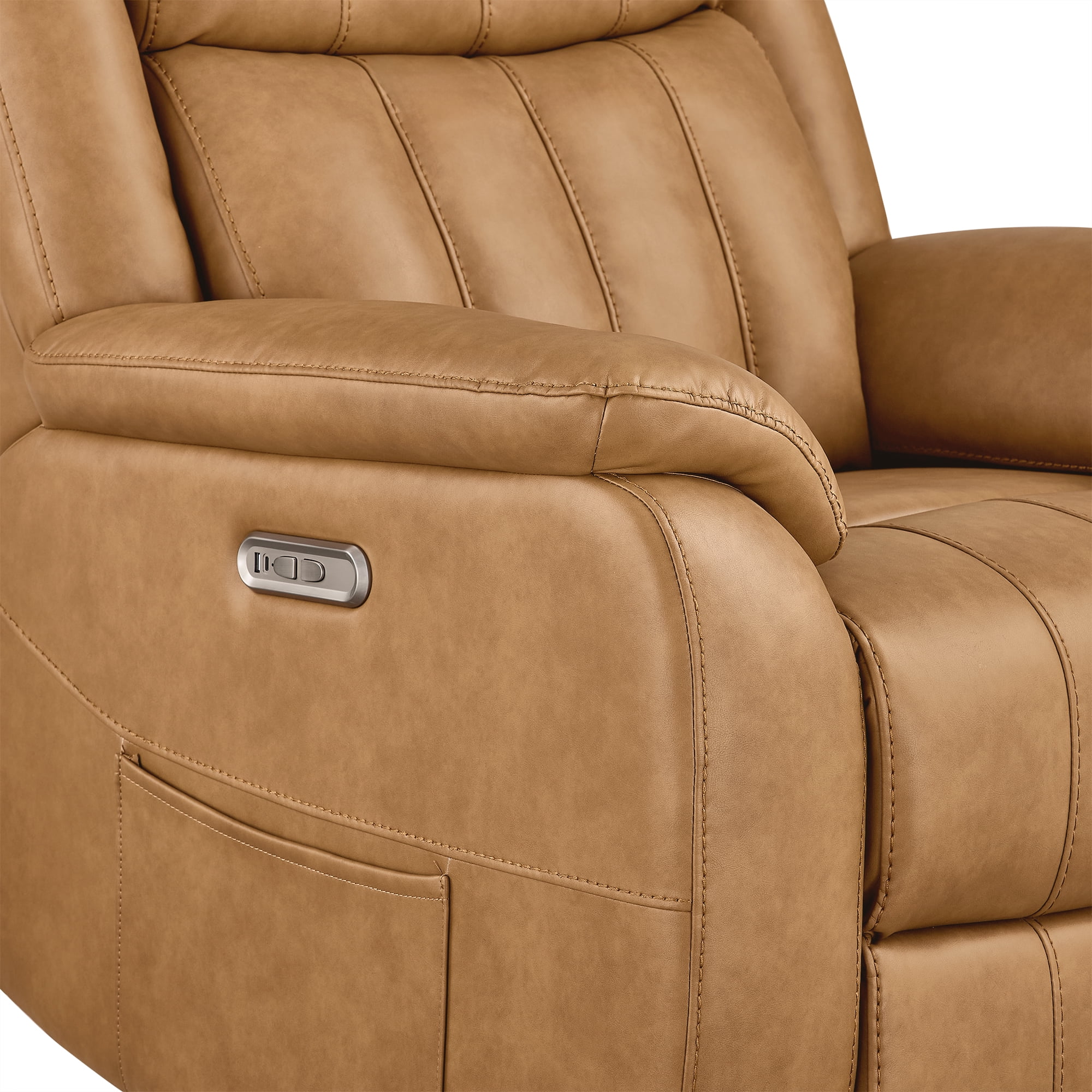 Spruce & Spring Power Recliner Chair, Modern Faux Leather Wall Hugger Electric Recliner Sofa with Channel Tufted Back and Overstuffed Armrests, Adjustable Living Room Single Sofa, Saddle Brown