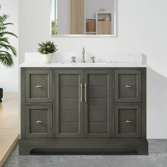 Vanity Art 48 x 22 x 34 in. Single Sink Bathroom Vanity with Quartz Top & Backsplash, Silver Gray