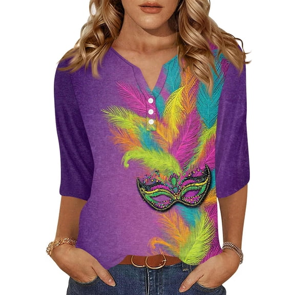 Mardi Gras Shirts for Women Glitter Carnival 3/4 Sleeve T Shirts Feathers Print V Neck Gold Tops Dark Purple 2XL