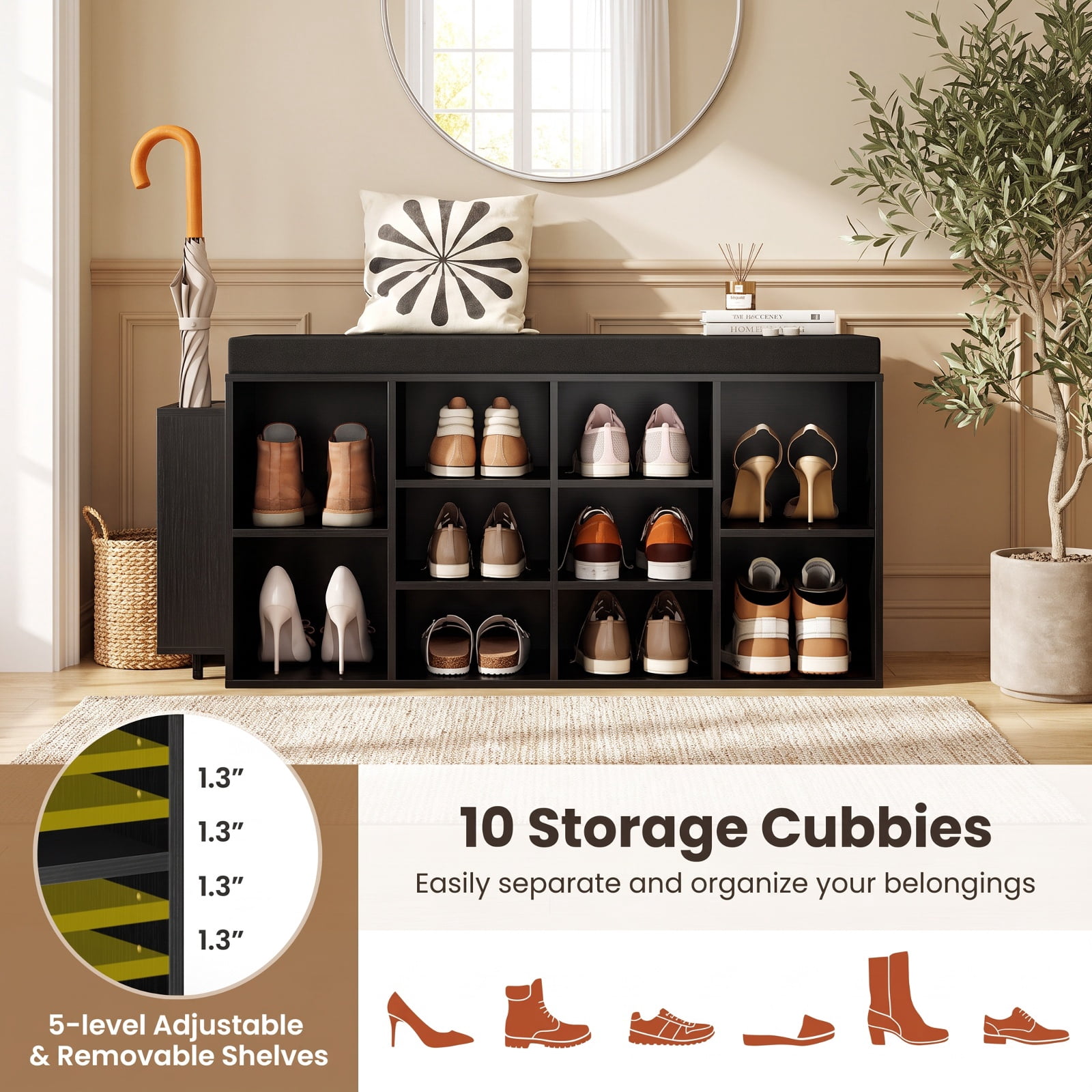 Furnibear Shoe Storage Bench with Umbrella Stand and 10 Cubby Entryway Shoe Rack Organizer with Padded Seat for Hallway Closet, Black