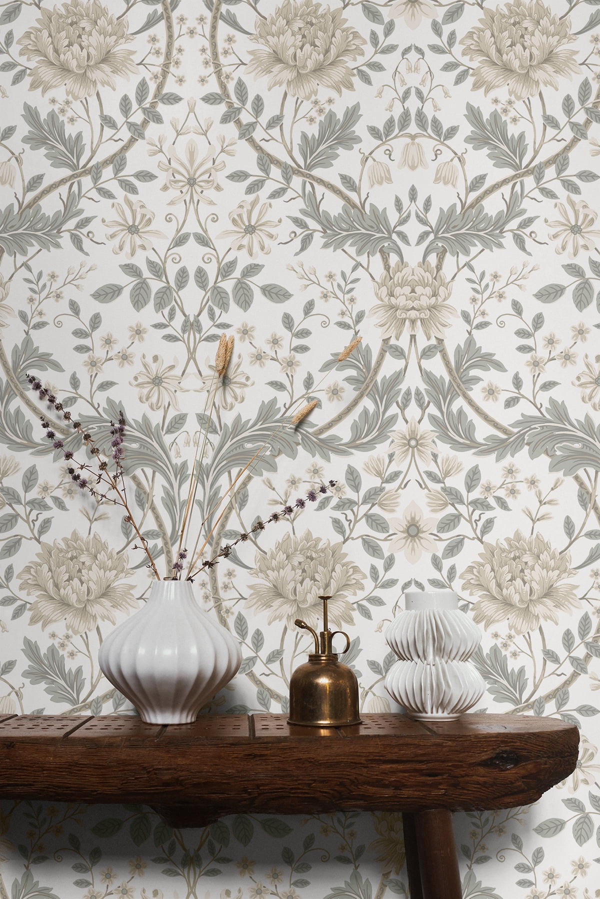 Seabrook Designs Ivory & Grey Honeysuckle Floral Prepasted Wallpaper - 20.9 in. W x 33 ft. Roll