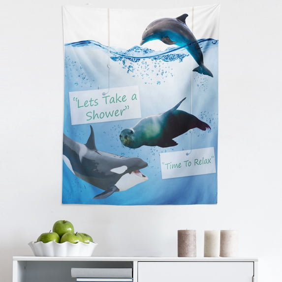 Animal Tapestry, Lets Take a Shower and Time to Relax Texts and Whale Dolphin Seal Photo, Fabric Wall Hanging Decor for Bedroom Living Room Dorm, 5 Sizes, Pale Blue Multicolor, by Ambesonne