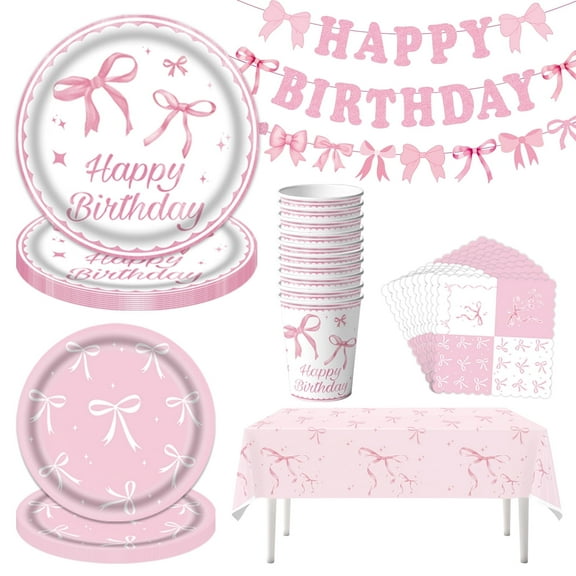 Pink Birthday Party Supplies, Pink Bow Party Decoration Kit Includes Plates Napkins Cups Banner Tablecloth for Coquette Birthday Decor
