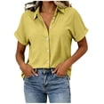 thumbnail image 3 of VBVC Women's Cotton Linen Button Down Blouse , Ladies' V Neck Short Sleeve Work Shirt , Summer Loose Fit Solid Tunic Top For Women, Yellow , S-2XL, 3 of 7