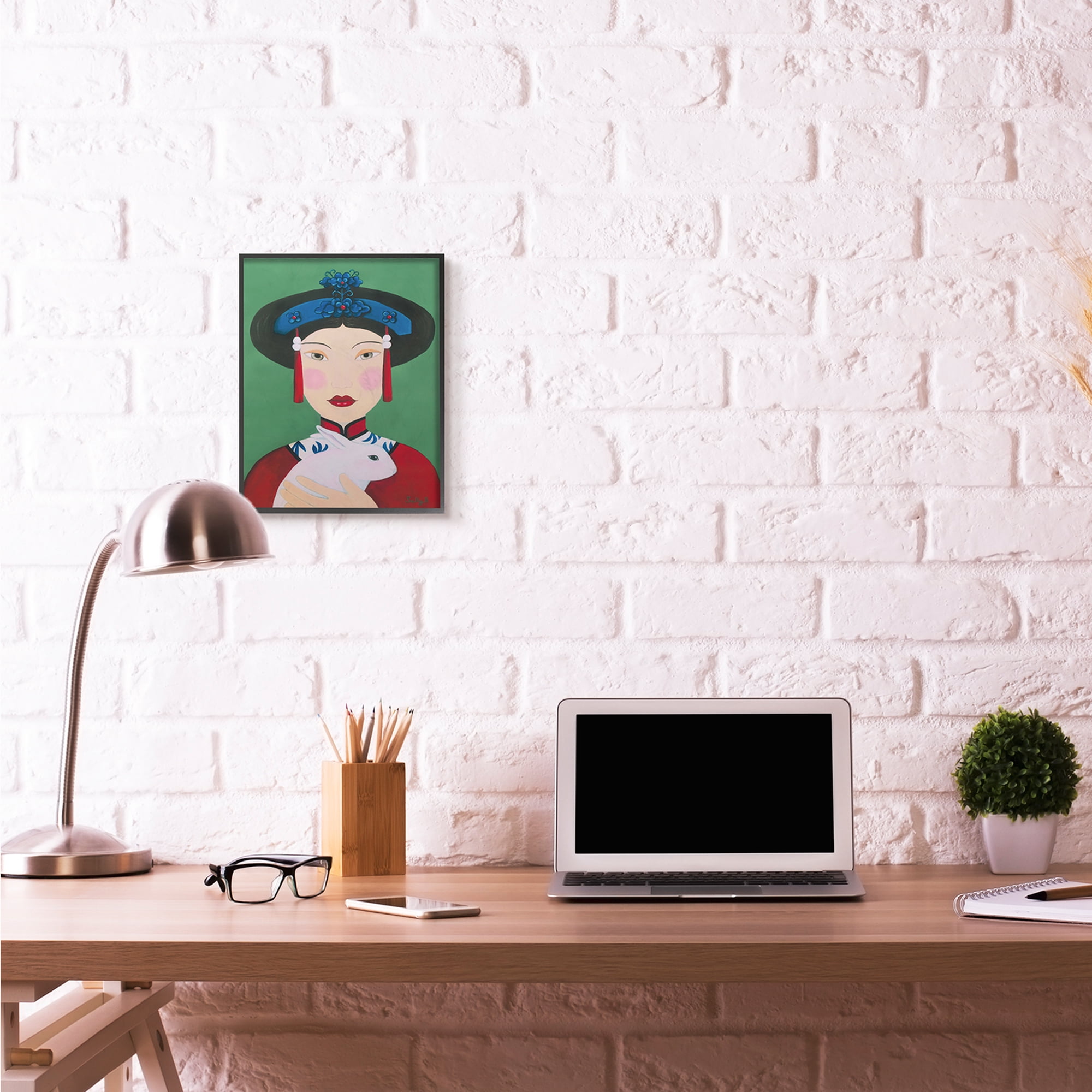 Stupell Industries Chinese Woman And Rabbit Green Red Painting Black Framed Art Print Wall Art, 11x14, by Sally B