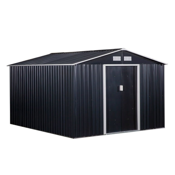 Outsunny 9' x 11' Metal Storage Shed with Foundation Kit, Garden Tool House with Double Sliding Doors, 4 Air Vents for Backyard, Patio, Lawn, Dark Grey