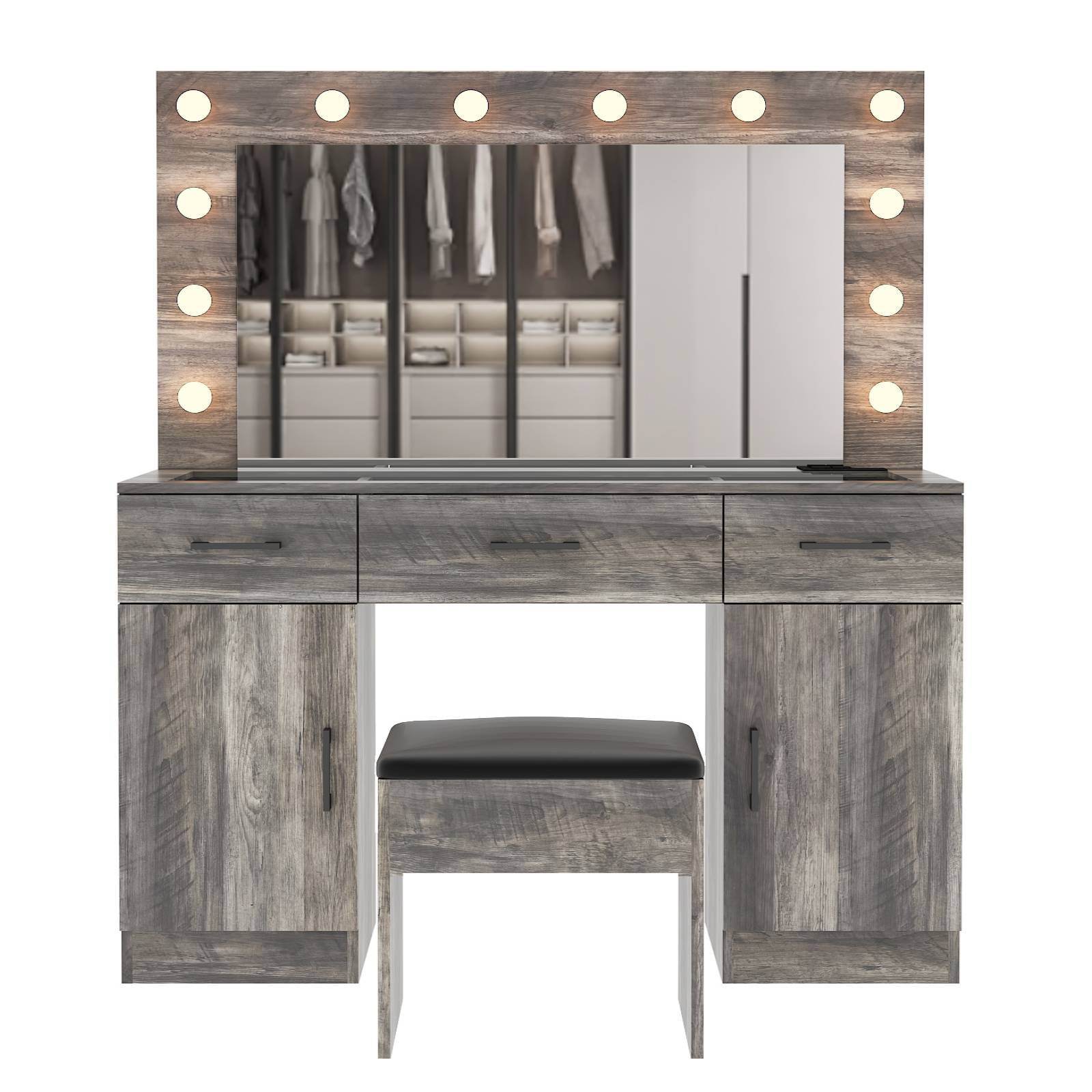 Ktaxon Large Makeup Vanity, Get Ready with Me GRWM Vanity Table Set w/ Visible Glass Top w/ Charging Station, Gray