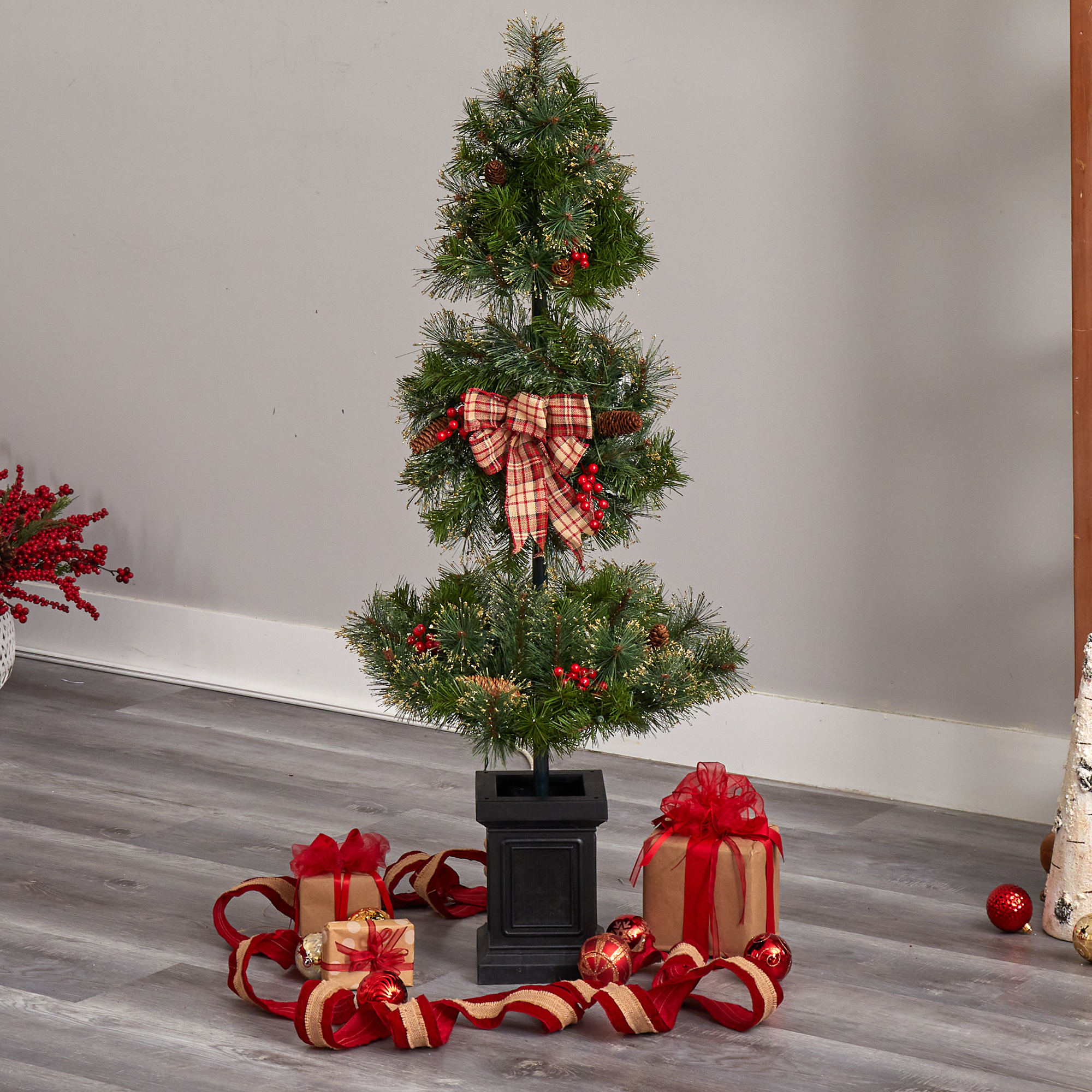 Nearly Natural 4' Green Artificial Christmas Topiary Tree with Berries Prelit 70 Clear LED Lights