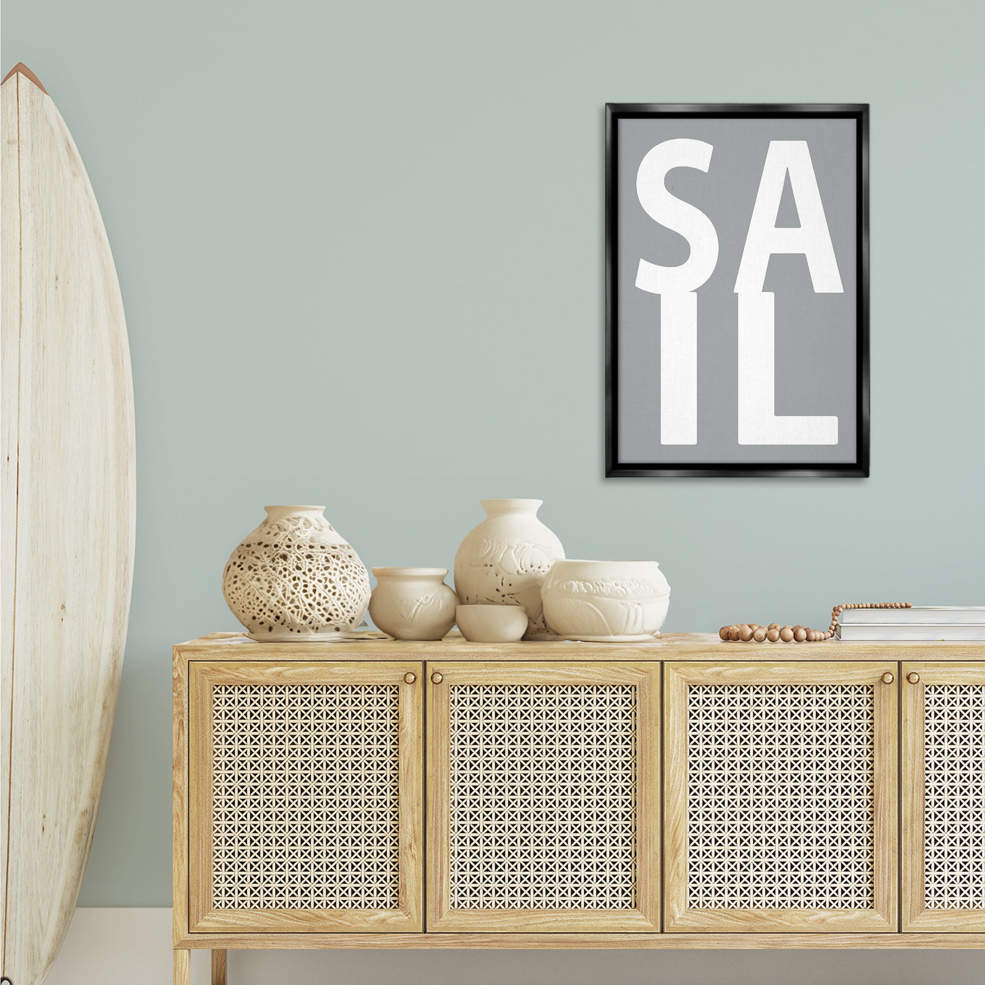 Stupell Industries Sail Word on Grey Typography Painting Black Floater Framed Art Print Wall Art, 21 x 31