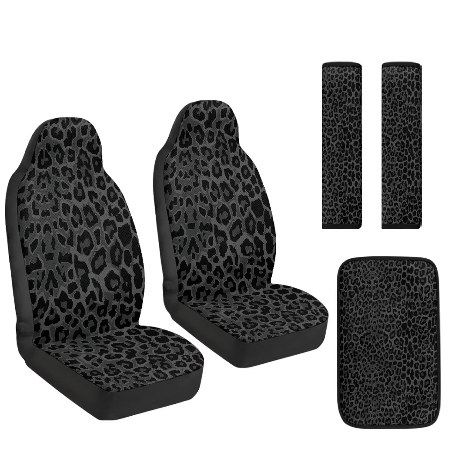 Xixirimido Car Seat Covers Front Seats Only with Belt Covers Armrest Box Cover 5Pcs Set for SUV Sedan Van Truck PU Leather Seat Protector Automotive Accessories, Black Leopard