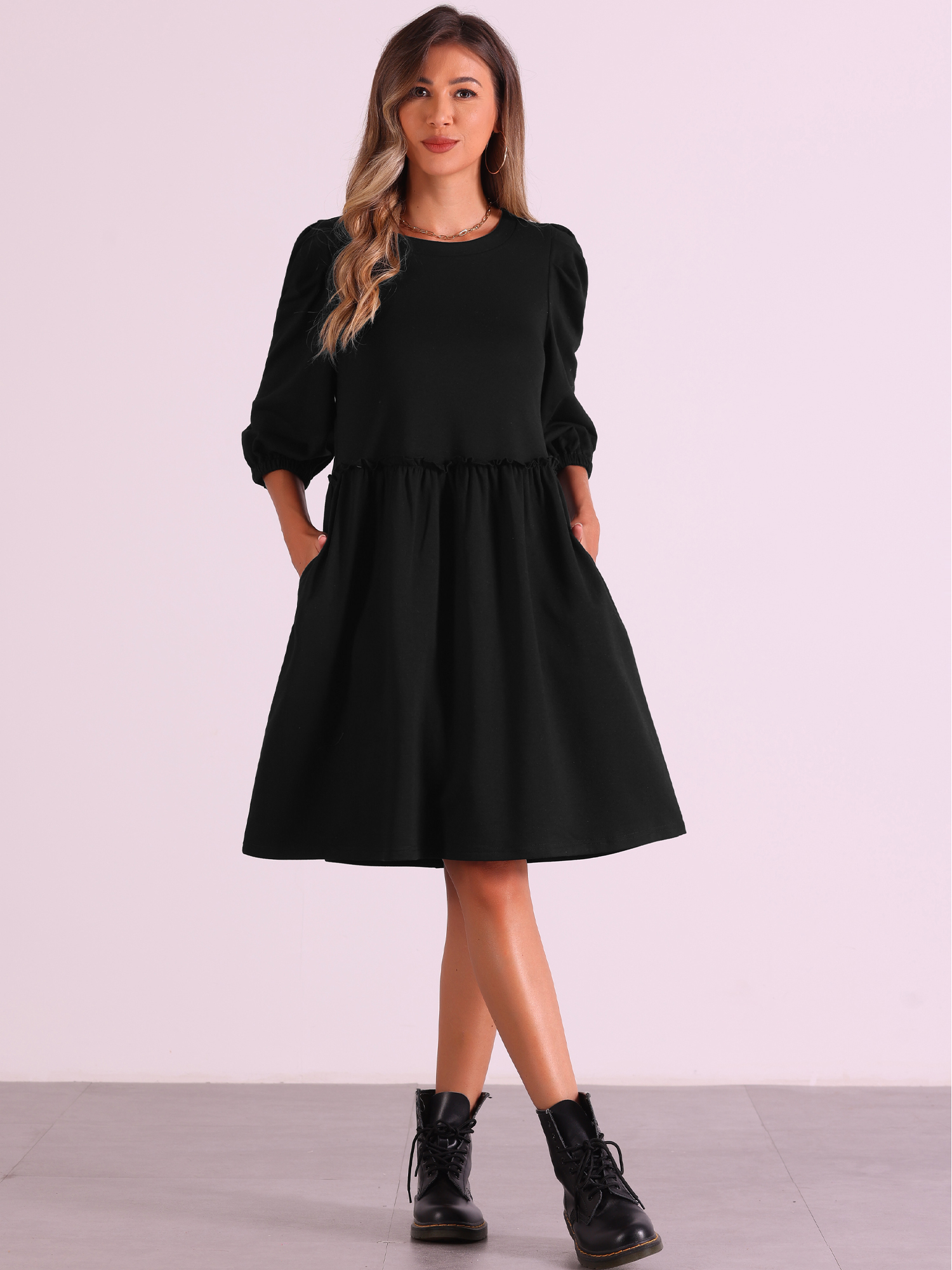 DARING DIVA Casual Scoop Neck Pocket Babydoll Dress S Black
