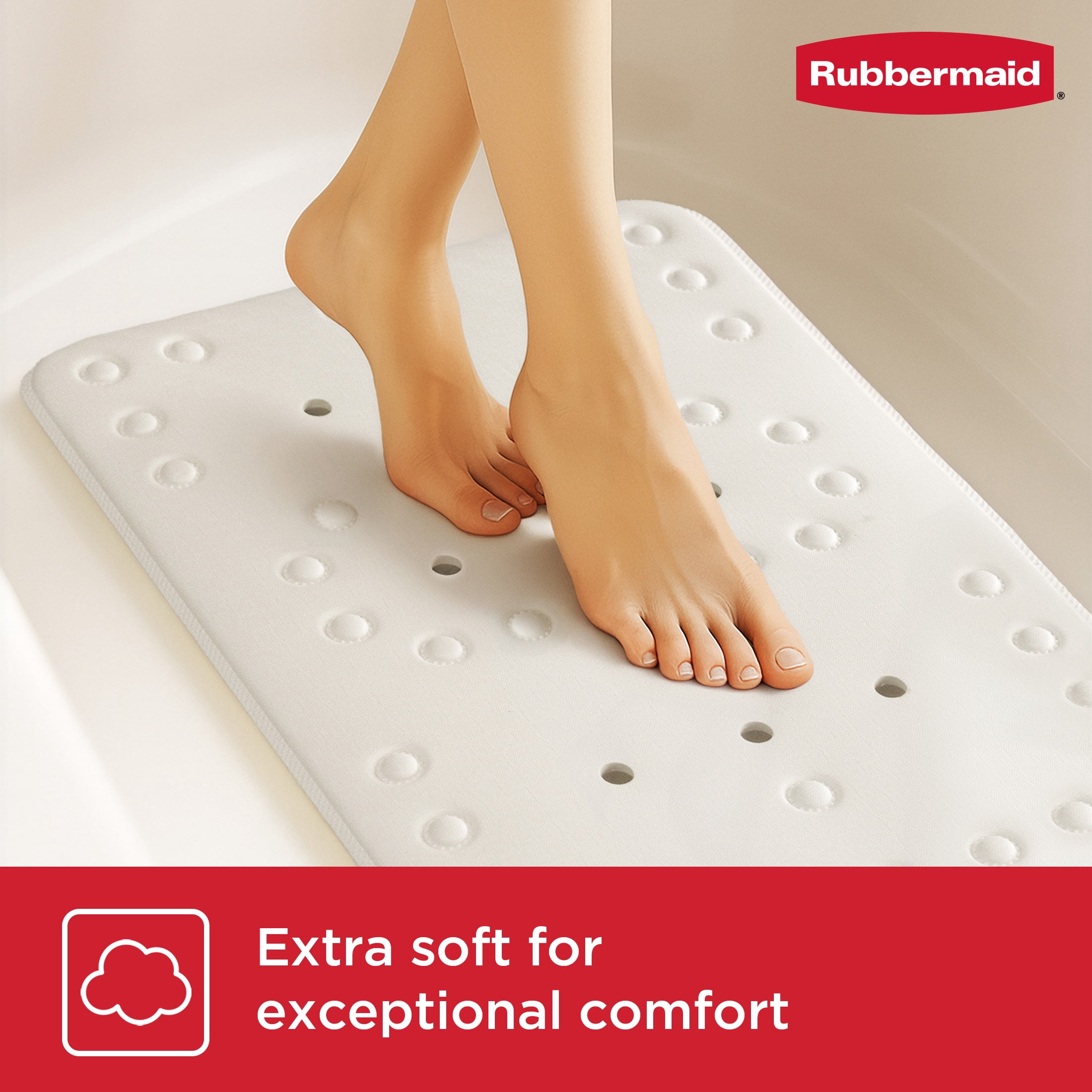 Rubbermaid Soft Foam Tub Mat, Non-Slip Bath Mat with Quick-Drain Holes, BPA-Free TPE, 35.88" x 17", White