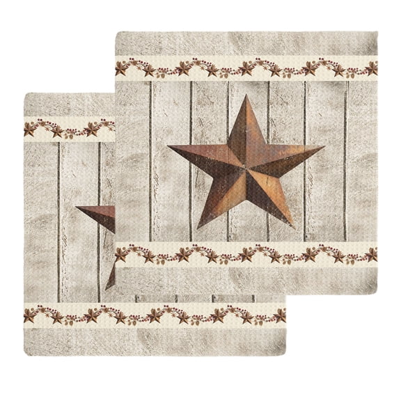 Western Texas Star Retro Kitchen Dish Towels for Drying Dishes Set of 2, Country Farmhouse Gray Wood Grain Waffle Weave Microfiber Hand Tea Bathroom Towels Quick Dry & Absorbent Towel 12x12