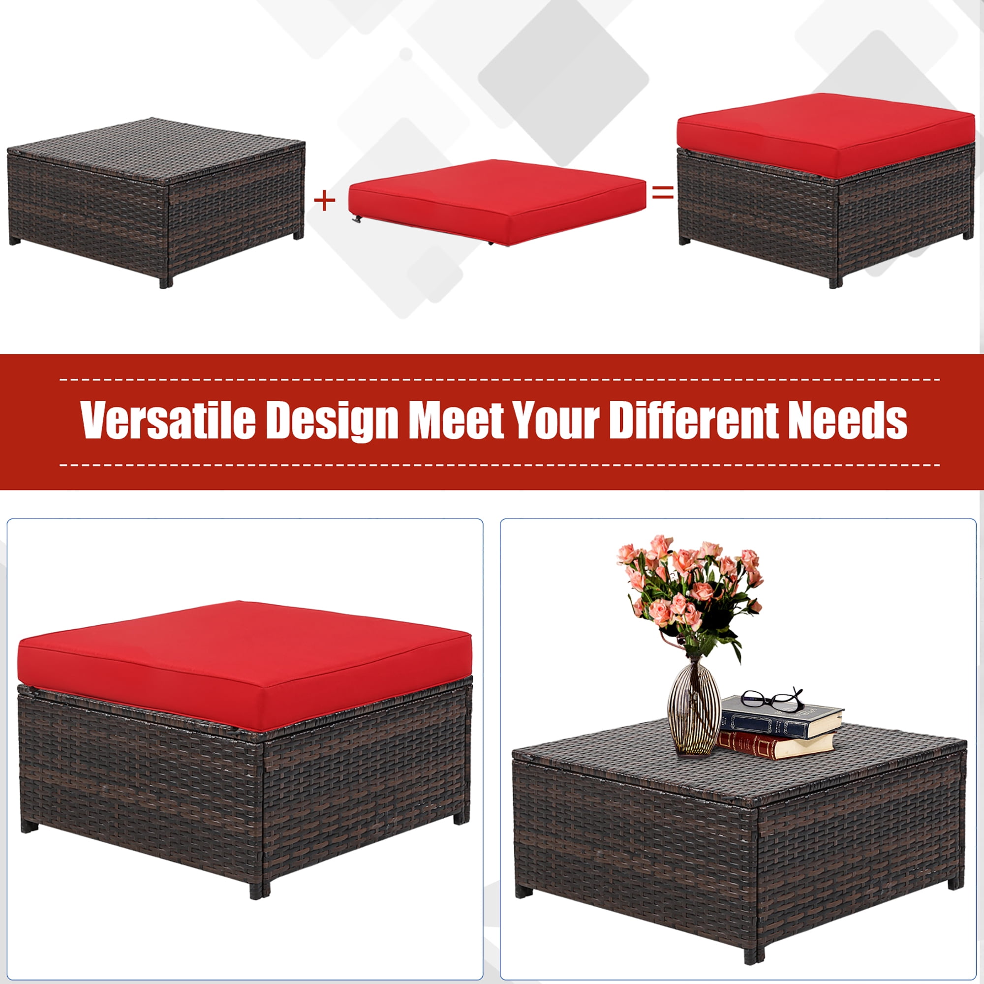 Costway 5PCS Patio Rattan Furniture Set Loveseat Sofa Ottoman Cushioned Red