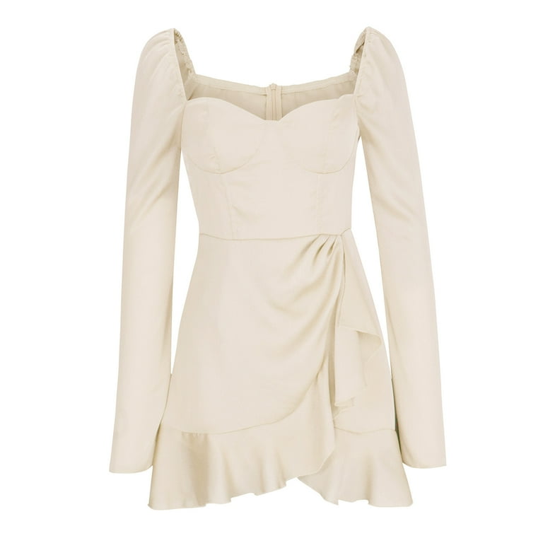 Cute Fall Dresses for Womens Fashion Off Shoulder/Square Neck Ruched Bell  Long Sleeve Ruffle A Line Mini Dress (XL, Beige) - Walmart.com