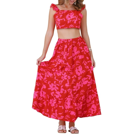INSPIRE CHIC Summer 2 Piece Outfits for Women's Floral Tank Top and Maxi Skirt Set XS Red