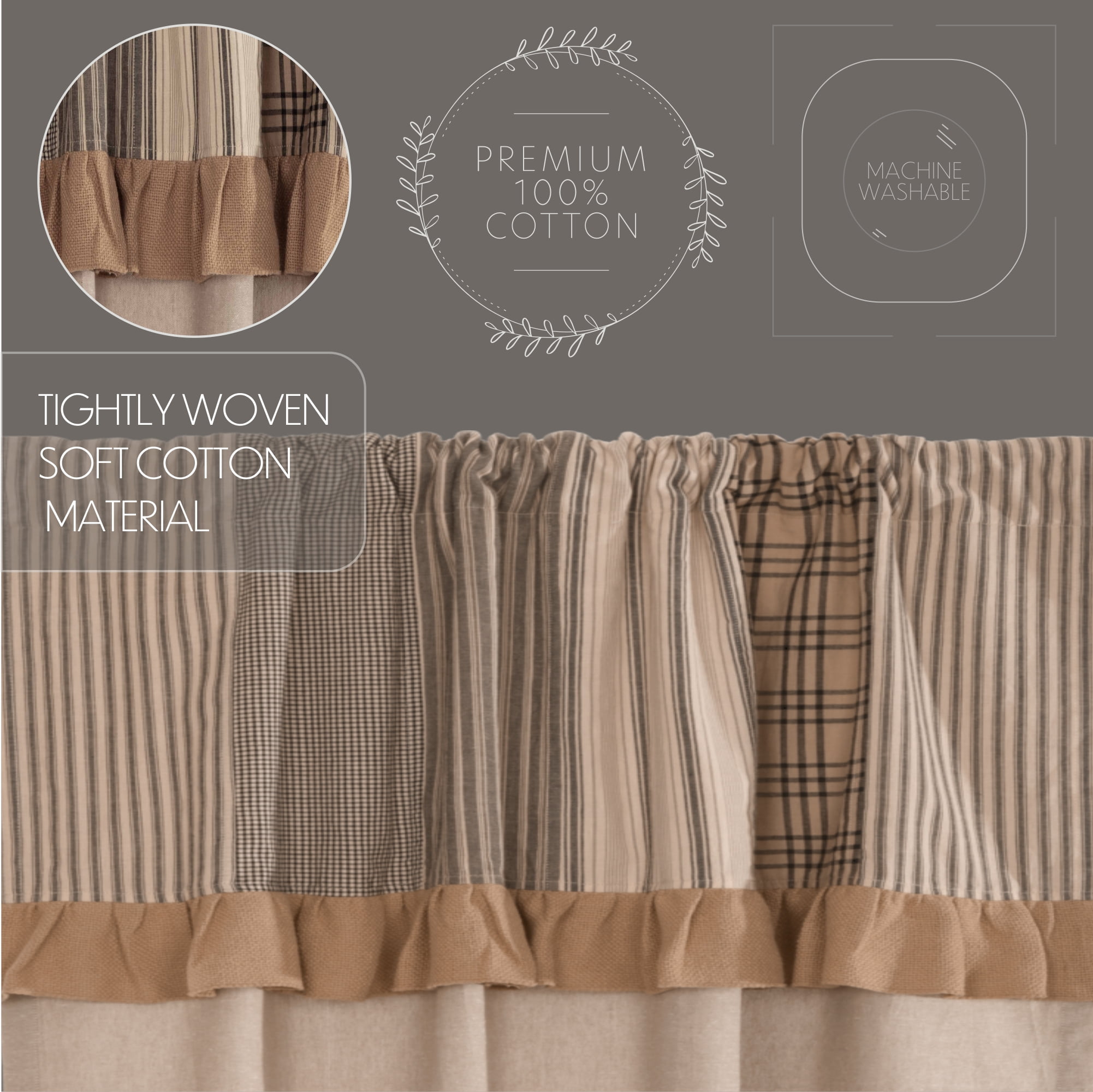 VHC Brands Sawyer Mill Curtain, Panel 63x36, Charcoal Khaki Tan